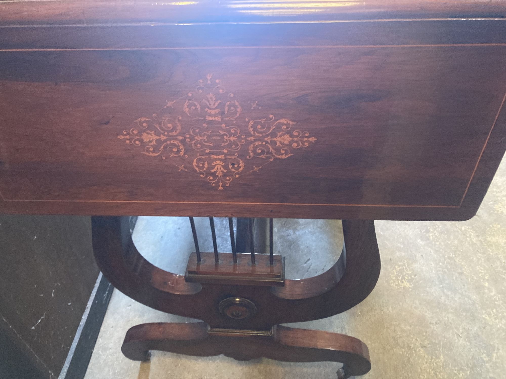 A 19th century French marquetry inlaid rosewood sofa table, width 84cm, depth 60cm, height 77cm